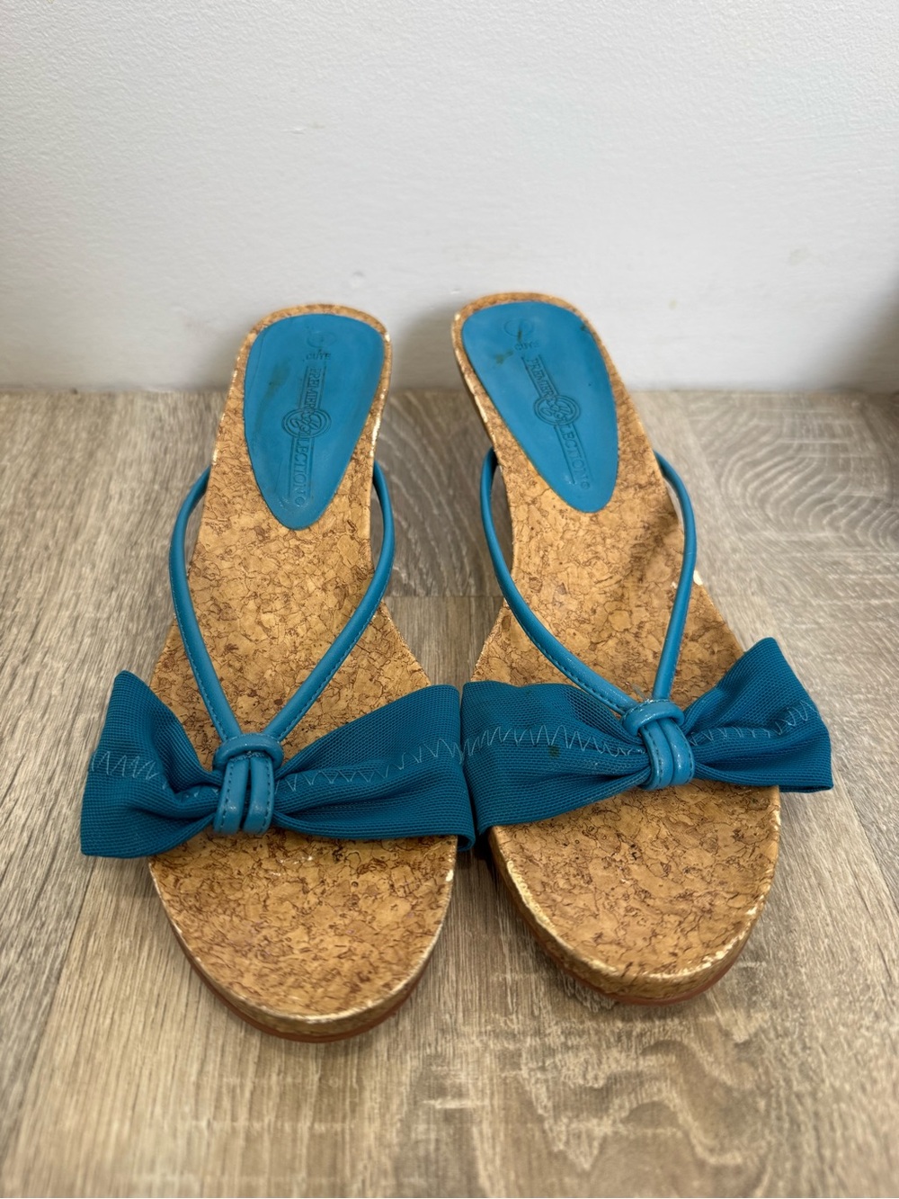 Teal Bow Cork Wedge Sandals